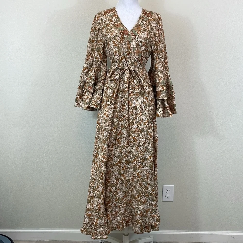 NWT Mi Golondrina brown floral wrap maxi dress with ruffle sleeves size large - Picture 1 of 13